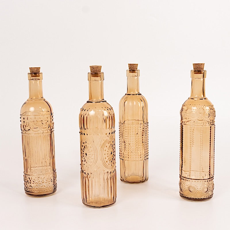 4 Amber Gold 16 oz Vintage Embossed Glass Bottles with Corks