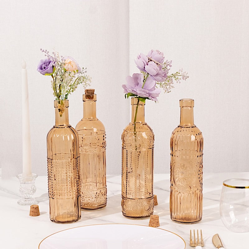 4 Amber Gold 16 oz Vintage Embossed Glass Bottles with Corks