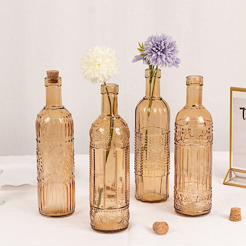 4 Amber Gold 16 oz Vintage Embossed Glass Bottles with Corks