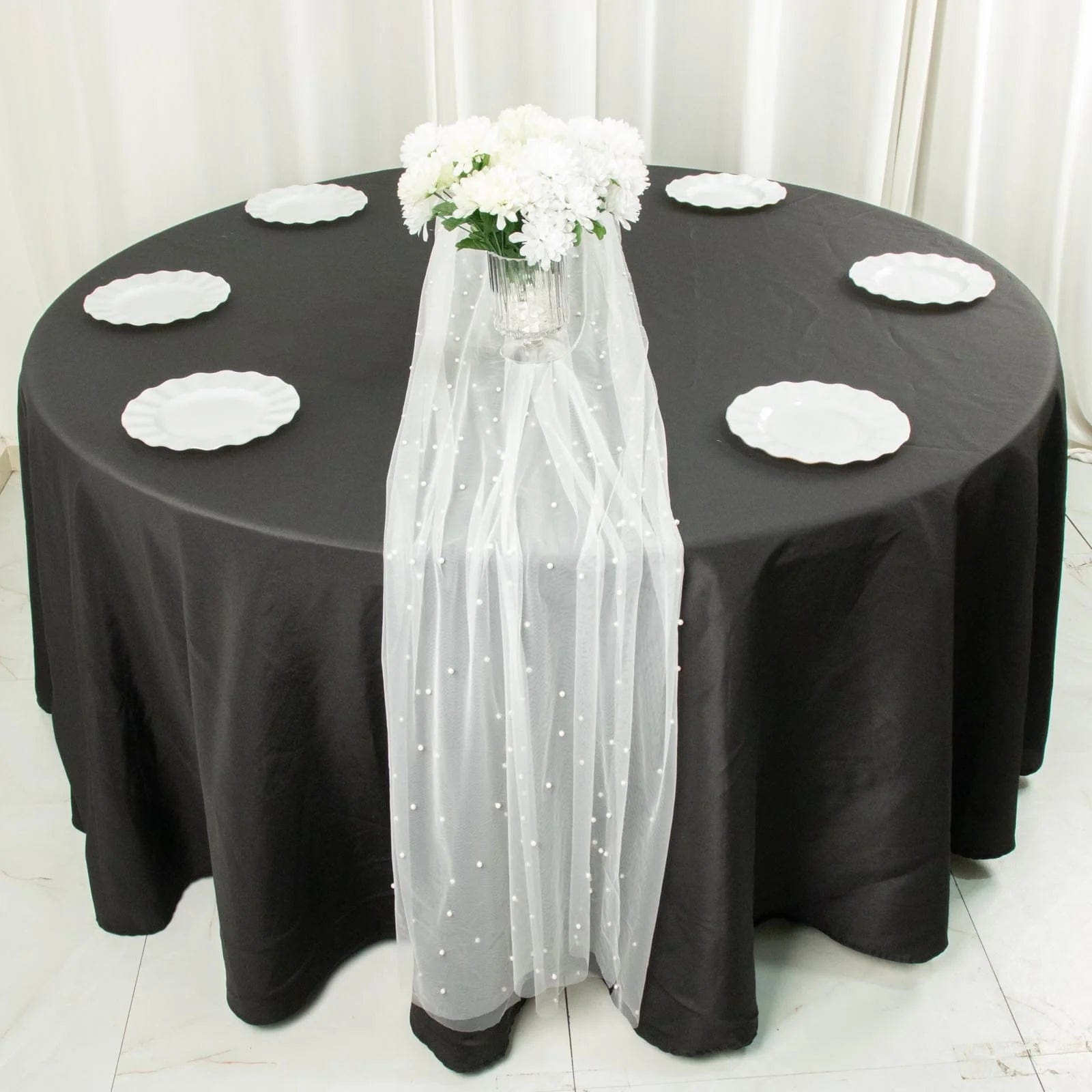 White 48x120 in Sheer Tulle Table Runner with Faux Pearls