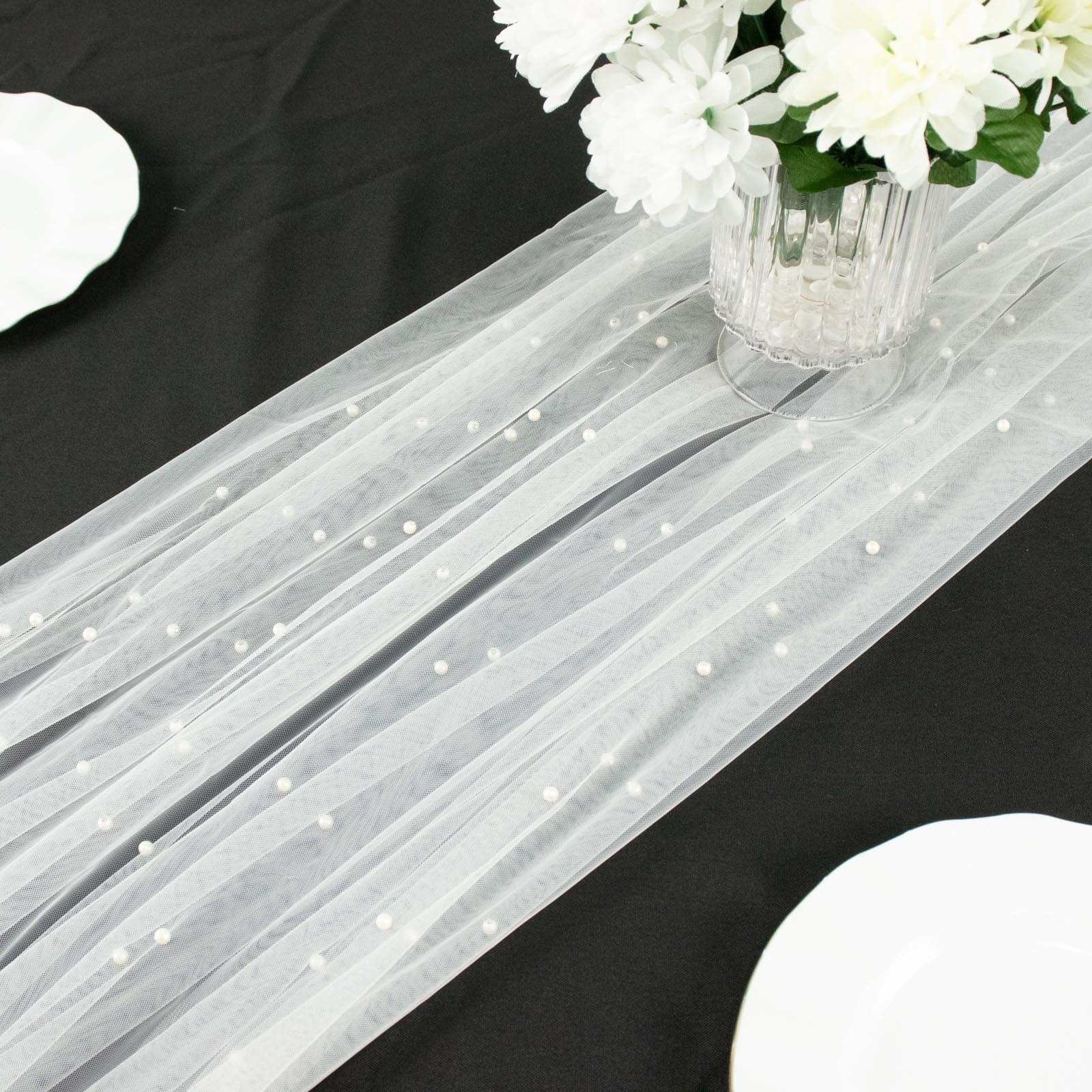 White 48x120 in Sheer Tulle Table Runner with Faux Pearls