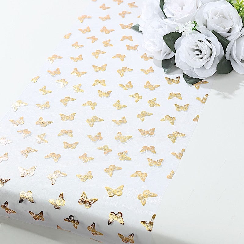 5 White Sheer Organza Table Runners with Metallic Gold Foil Butterfly Motifs