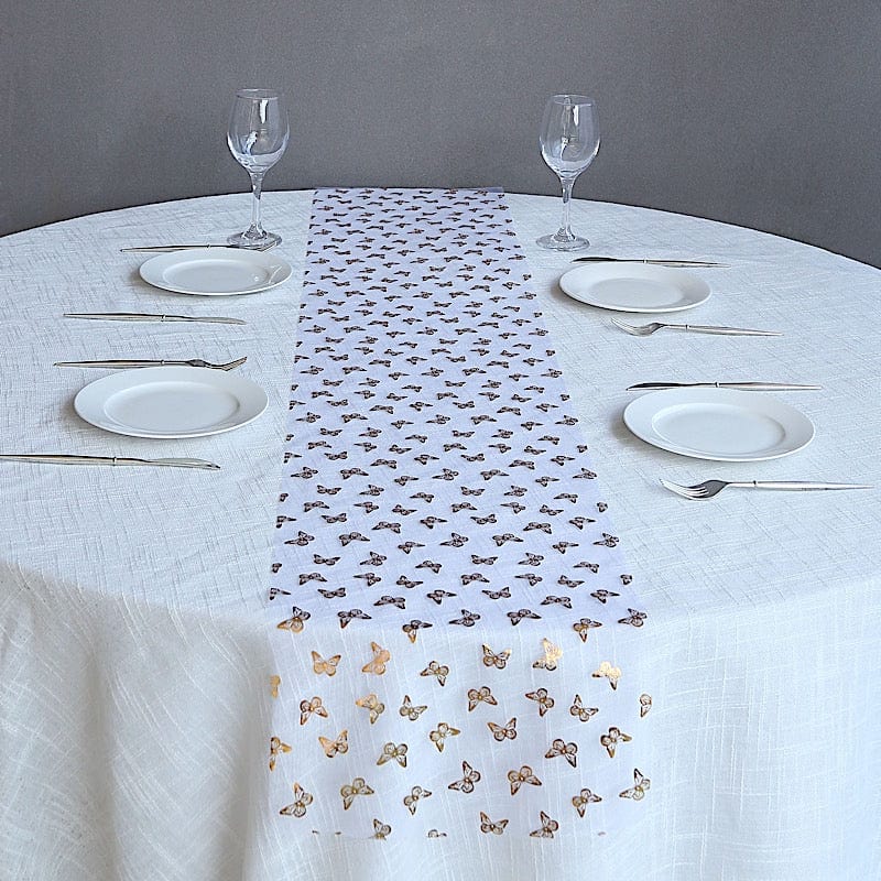 5 White Sheer Organza Table Runners with Metallic Gold Foil Butterfly Motifs