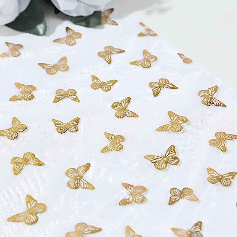 5 White Sheer Organza Table Runners with Metallic Gold Foil Butterfly Motifs