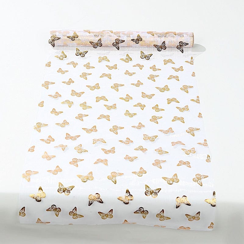 5 White Sheer Organza Table Runners with Metallic Gold Foil Butterfly Motifs