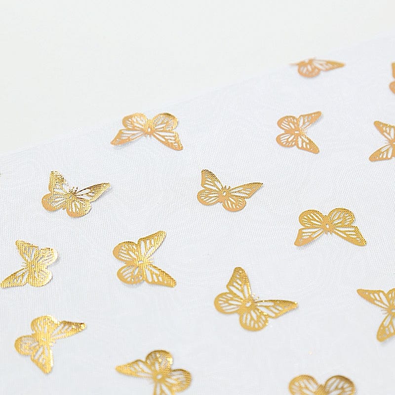 5 White Sheer Organza Table Runners with Metallic Gold Foil Butterfly Motifs