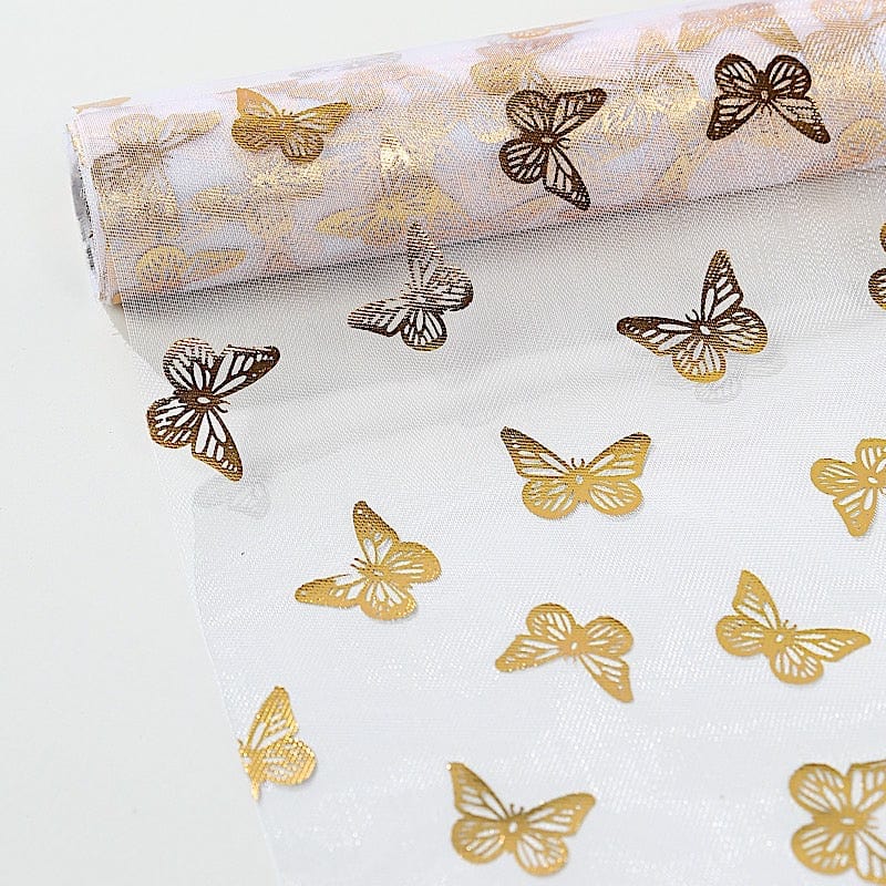 5 White Sheer Organza Table Runners with Metallic Gold Foil Butterfly Motifs