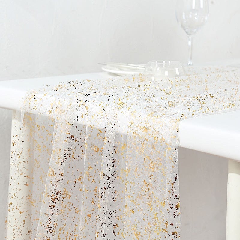 10 feet White and Gold Metallic Glitter Sheer Chiffon Table Runner