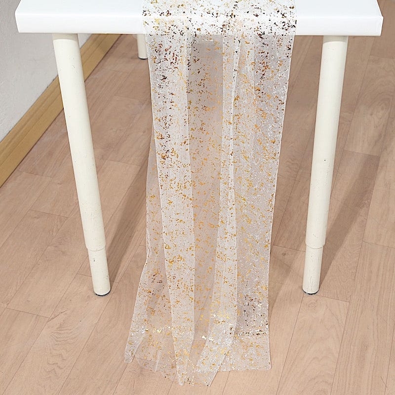 10 feet White and Gold Metallic Glitter Sheer Chiffon Table Runner