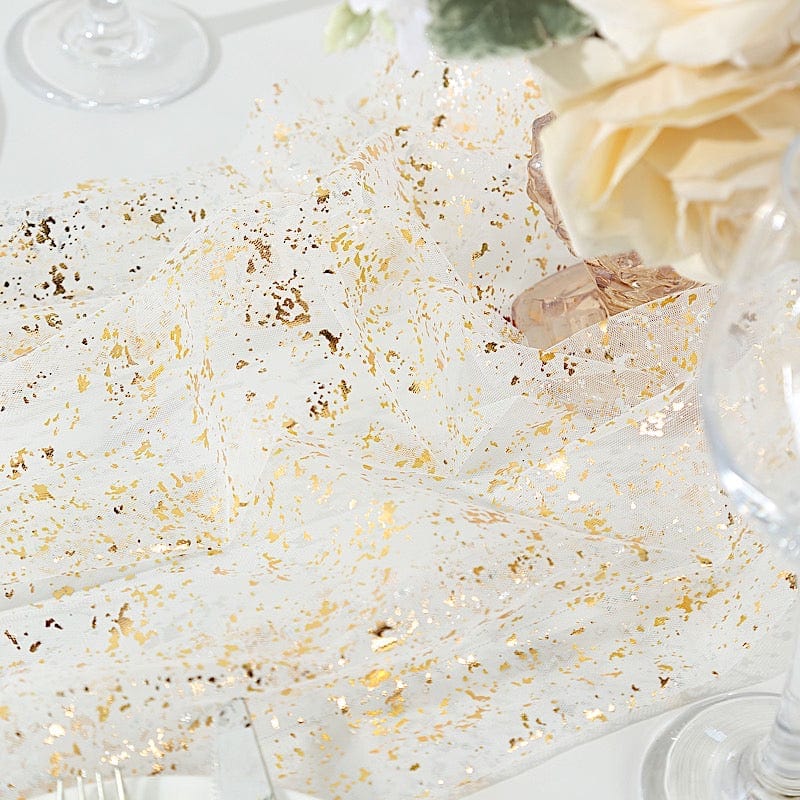 10 feet White and Gold Metallic Glitter Sheer Chiffon Table Runner