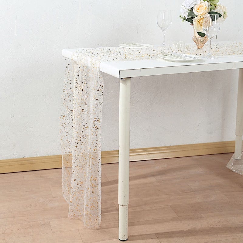 10 feet White and Gold Metallic Glitter Sheer Chiffon Table Runner