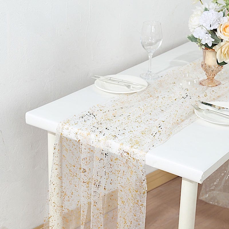 10 feet White and Gold Metallic Glitter Sheer Chiffon Table Runner