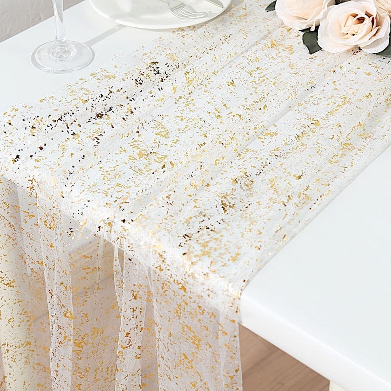 10 feet White and Gold Metallic Glitter Sheer Chiffon Table Runner