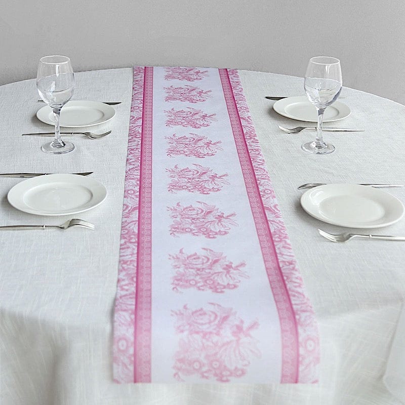 11x108 in  White Pink Floral Pattern Non-Woven Table Runners with Ornate Borders