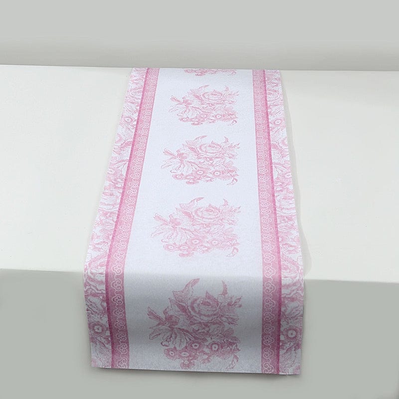 11x108 in  White Pink Floral Pattern Non-Woven Table Runners with Ornate Borders