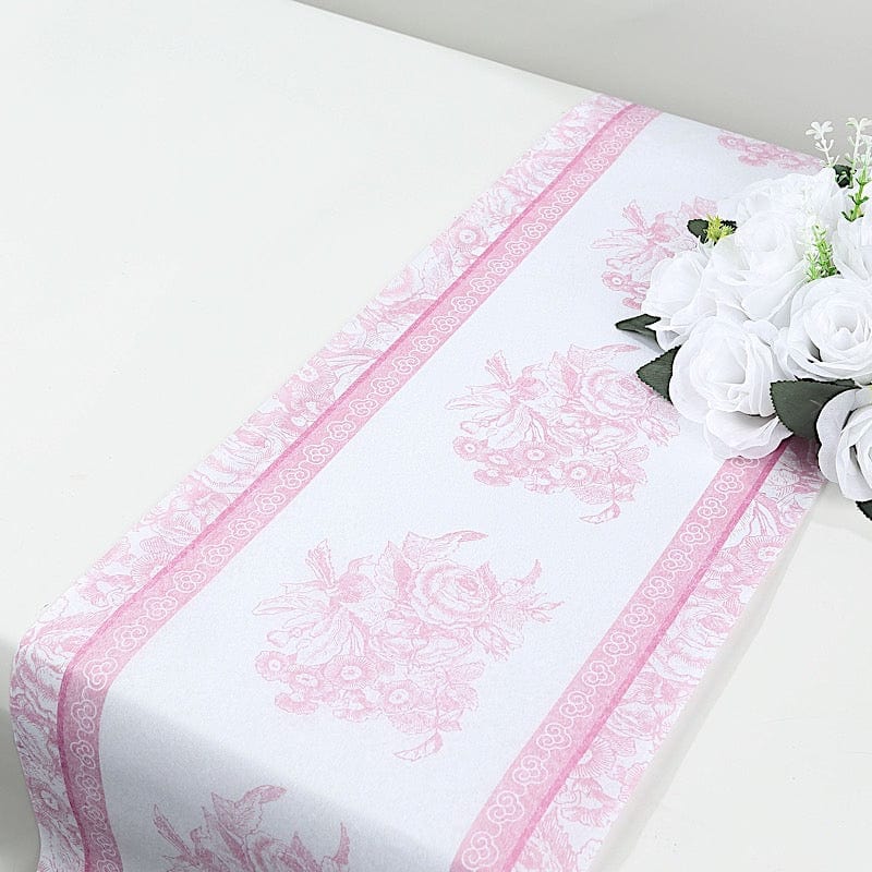 11x108 in  White Pink Floral Pattern Non-Woven Table Runners with Ornate Borders