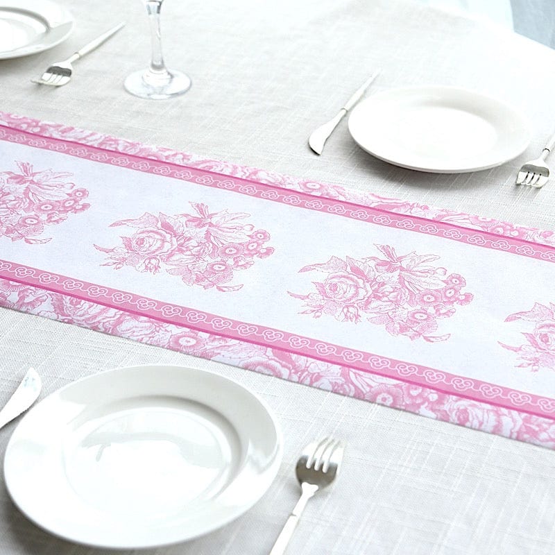 11x108 in  White Pink Floral Pattern Non-Woven Table Runners with Ornate Borders