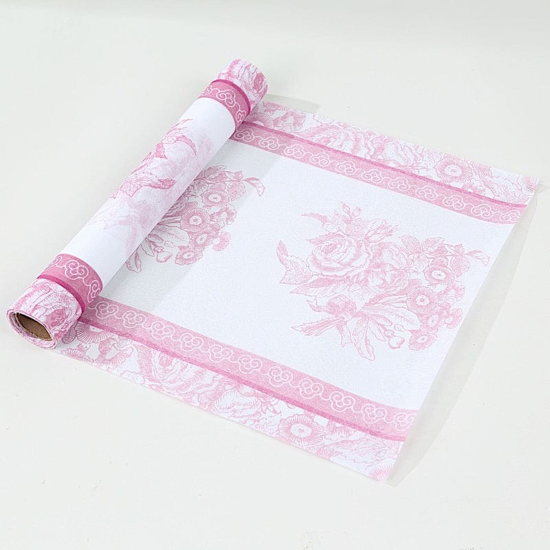 11x108 in  White Pink Floral Pattern Non-Woven Table Runners with Ornate Borders