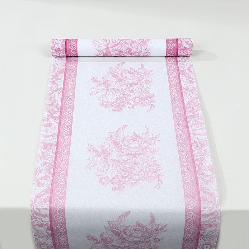 11x108 in  White Pink Floral Pattern Non-Woven Table Runners with Ornate Borders