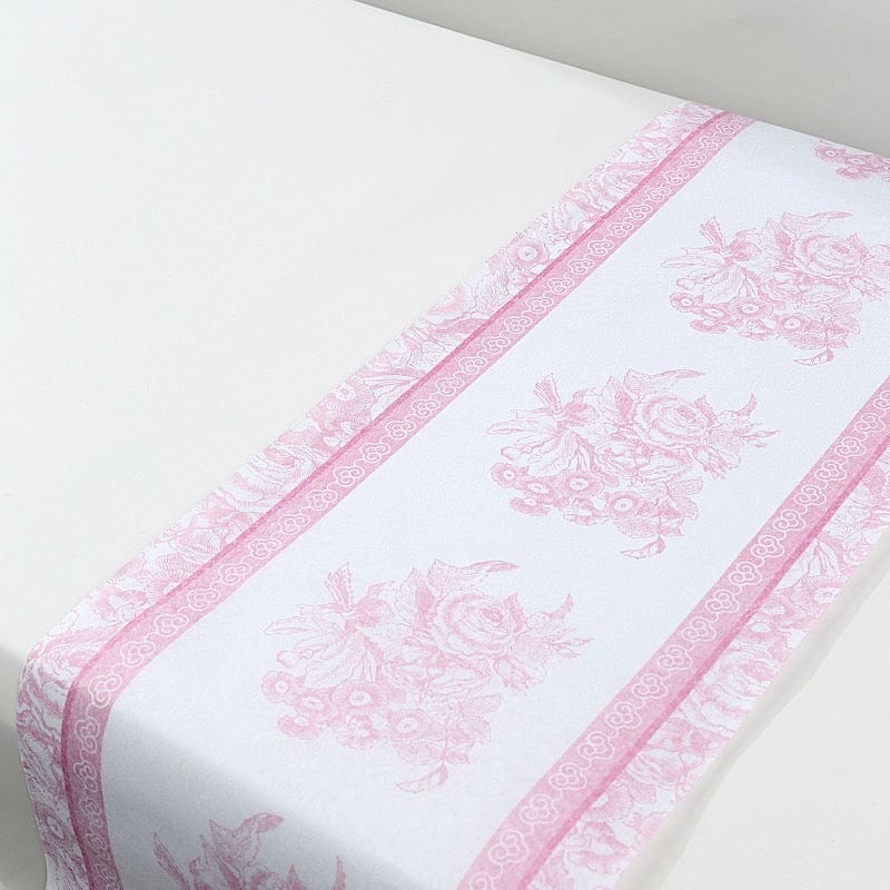 11x108 in  White Pink Floral Pattern Non-Woven Table Runners with Ornate Borders