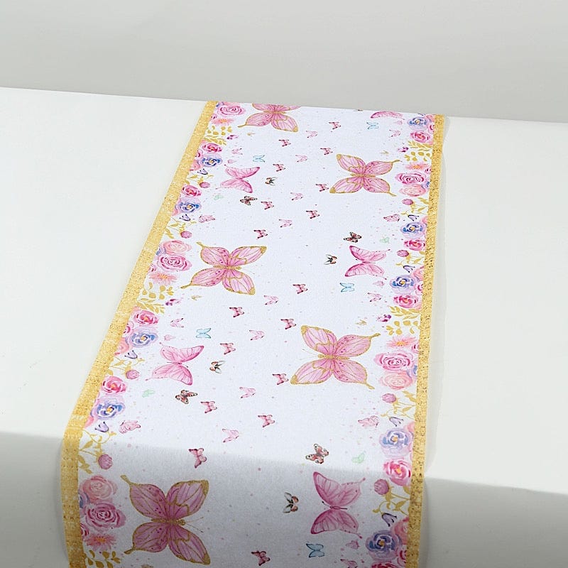 11x108 in  White Pink Non-Woven Butterfly Floral Table Runners with Gold Edges