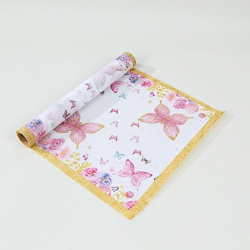 11x108 in  White Pink Non-Woven Butterfly Floral Table Runners with Gold Edges