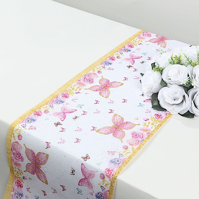 11x108 in  White Pink Non-Woven Butterfly Floral Table Runners with Gold Edges