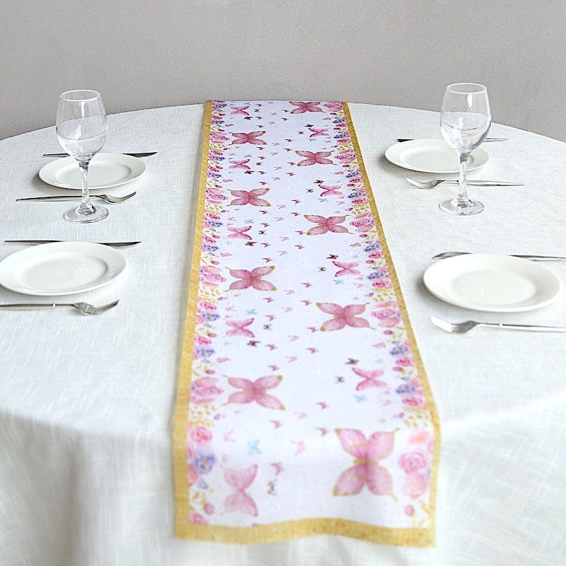 11x108 in  White Pink Non-Woven Butterfly Floral Table Runners with Gold Edges