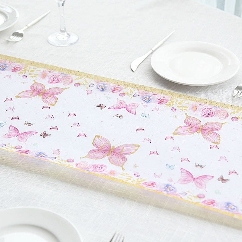 11x108 in  White Pink Non-Woven Butterfly Floral Table Runners with Gold Edges