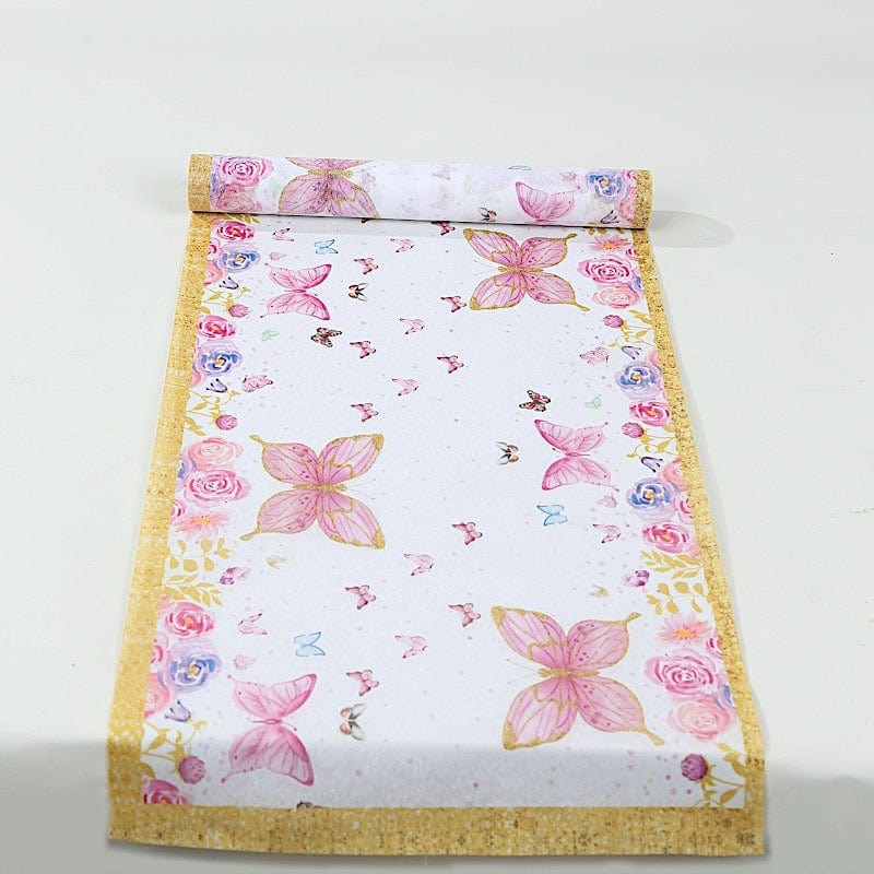 11x108 in  White Pink Non-Woven Butterfly Floral Table Runners with Gold Edges