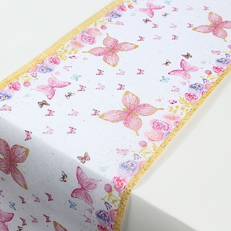 11x108 in  White Pink Non-Woven Butterfly Floral Table Runners with Gold Edges