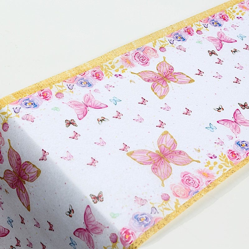 11x108 in  White Pink Non-Woven Butterfly Floral Table Runners with Gold Edges