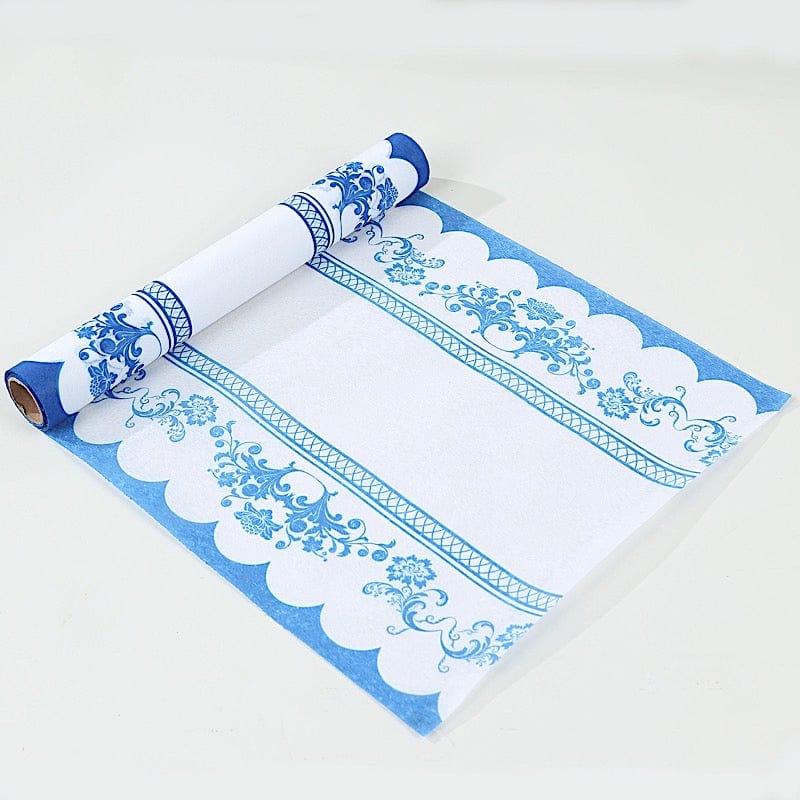 11x108 White and Blue Bordered Style Non-Woven Table Runners with Ornate Floral Prints