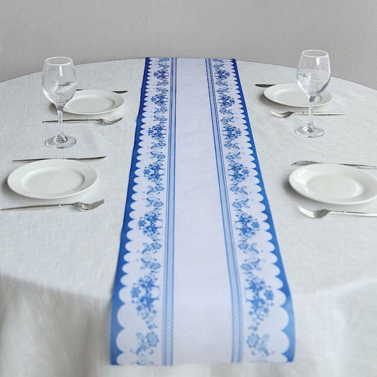 11x108 White and Blue Bordered Style Non-Woven Table Runners with Ornate Floral Prints