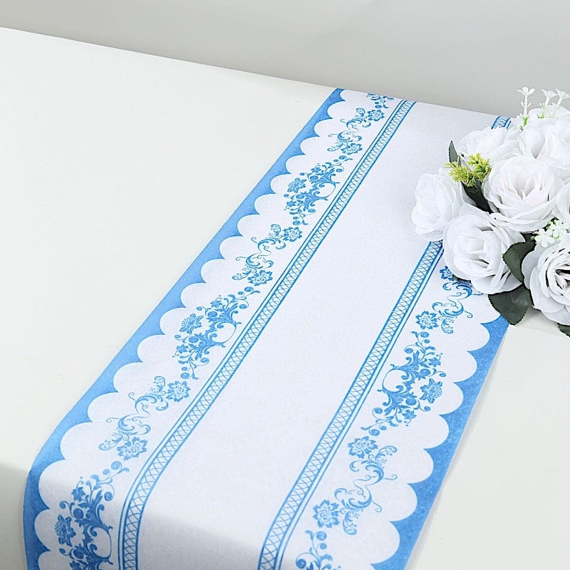 11x108 White and Blue Bordered Style Non-Woven Table Runners with Ornate Floral Prints