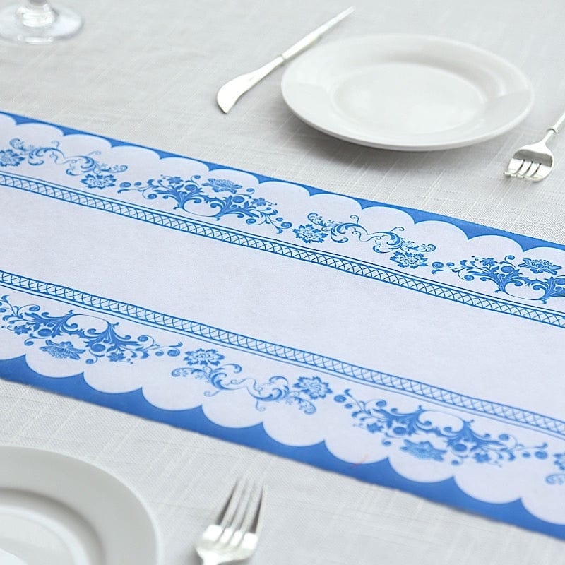 11x108 White and Blue Bordered Style Non-Woven Table Runners with Ornate Floral Prints