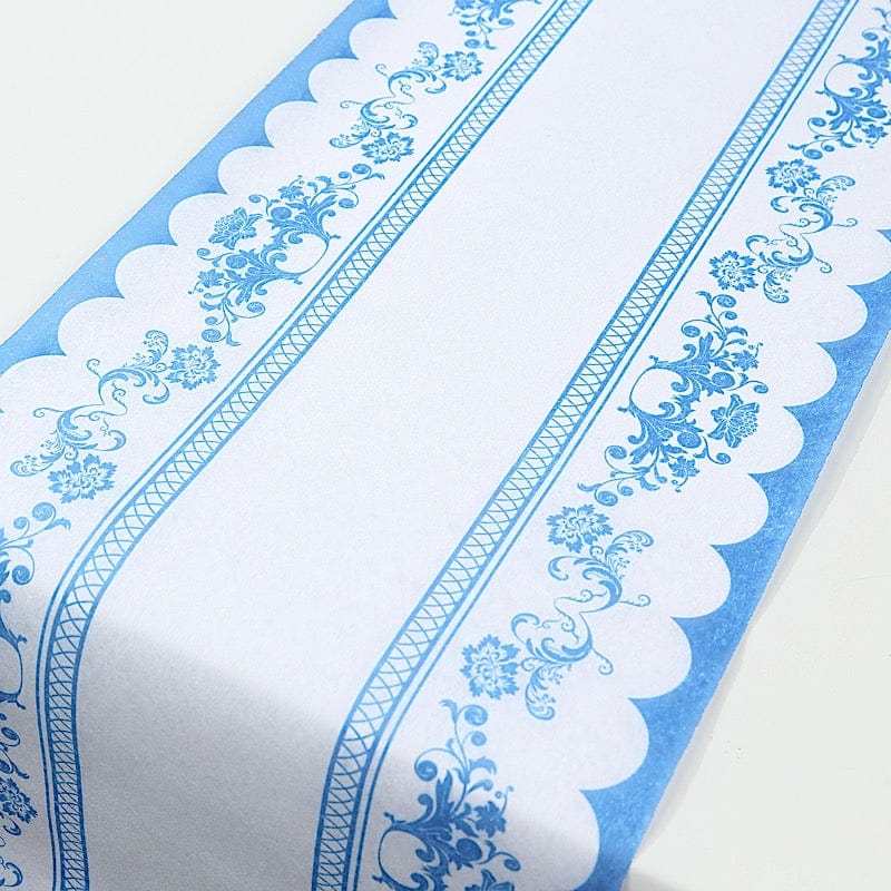 11x108 White and Blue Bordered Style Non-Woven Table Runners with Ornate Floral Prints