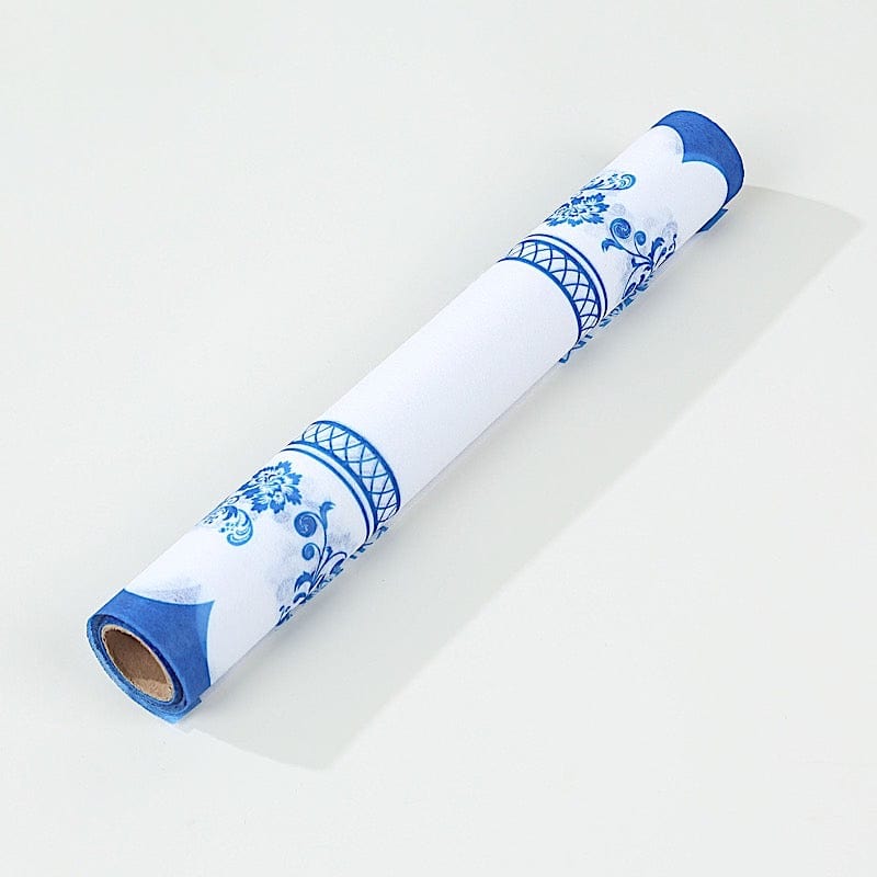 11x108 White and Blue Bordered Style Non-Woven Table Runners with Ornate Floral Prints