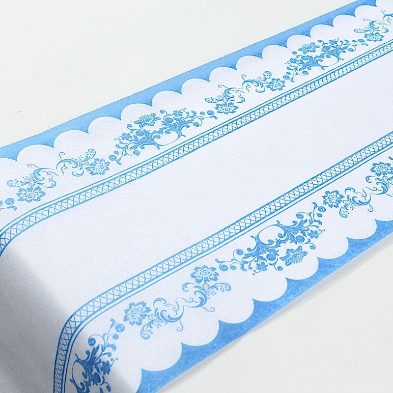 11x108 White and Blue Bordered Style Non-Woven Table Runners with Ornate Floral Prints