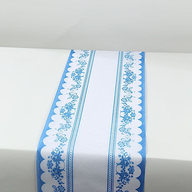 11x108 White and Blue Bordered Style Non-Woven Table Runners with Ornate Floral Prints