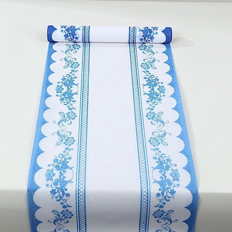 11x108 White and Blue Bordered Style Non-Woven Table Runners with Ornate Floral Prints