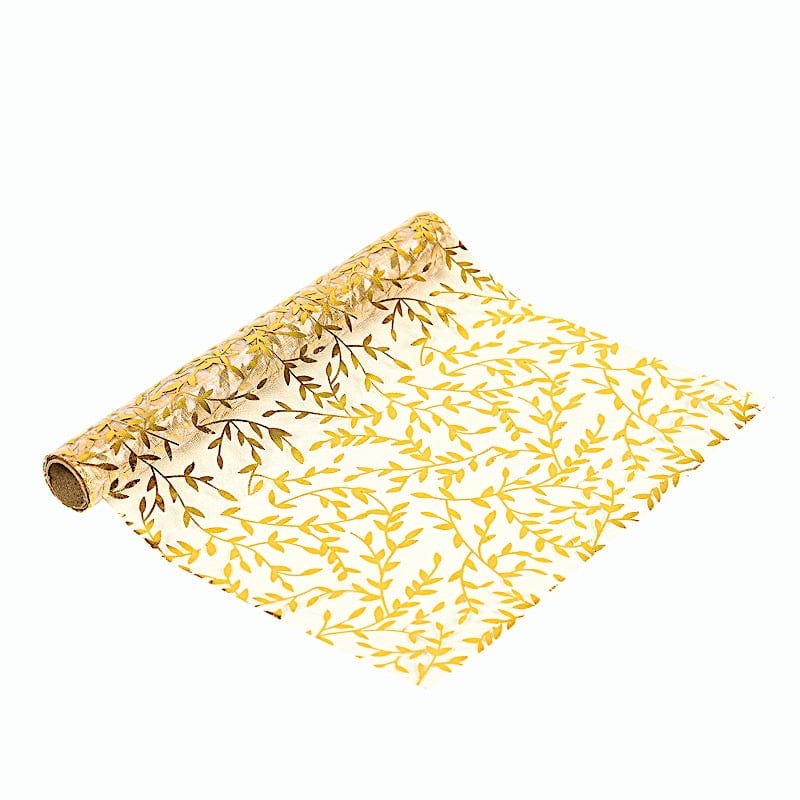 5 White 11x108 in Organza Mesh Table Runner Rolls with Gold Foil Leaf Vines
