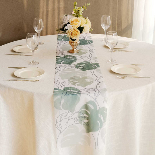 11x108 in White and Green Non Woven Table Runner with Monstera Palm Leaves Print