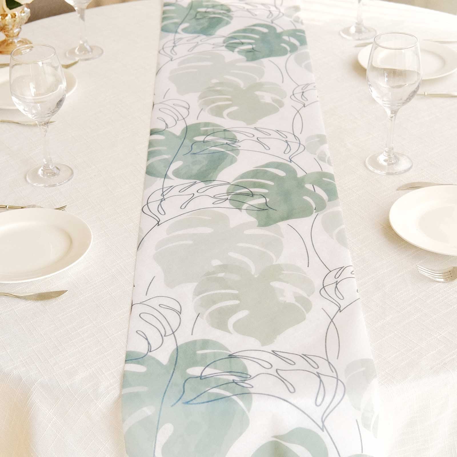 11x108 in White and Green Non Woven Table Runner with Monstera Palm Leaves Print