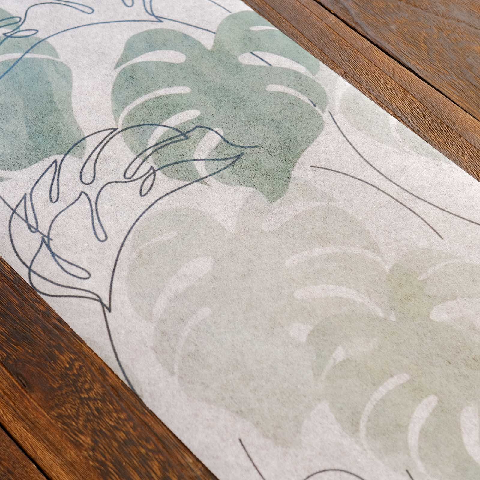 11x108 in White and Green Non Woven Table Runner with Monstera Palm Leaves Print