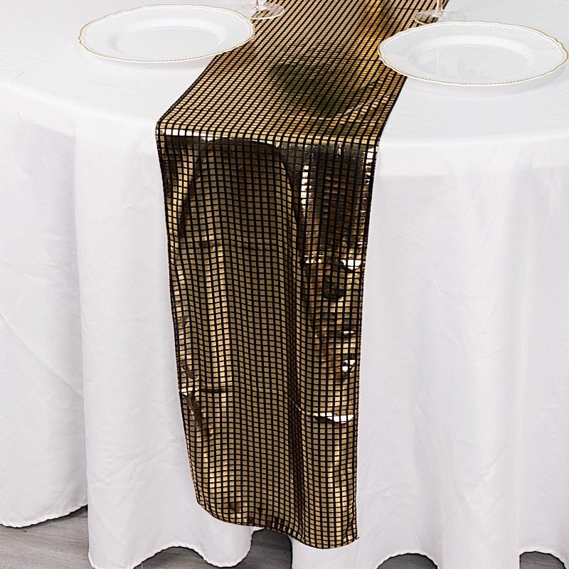 12x108 in Black Polyester Table Runner with Gold Mirror Foil