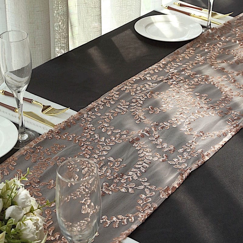 12x108 in Tulle with Embroidered Leaves Vines Sequins Table Runner