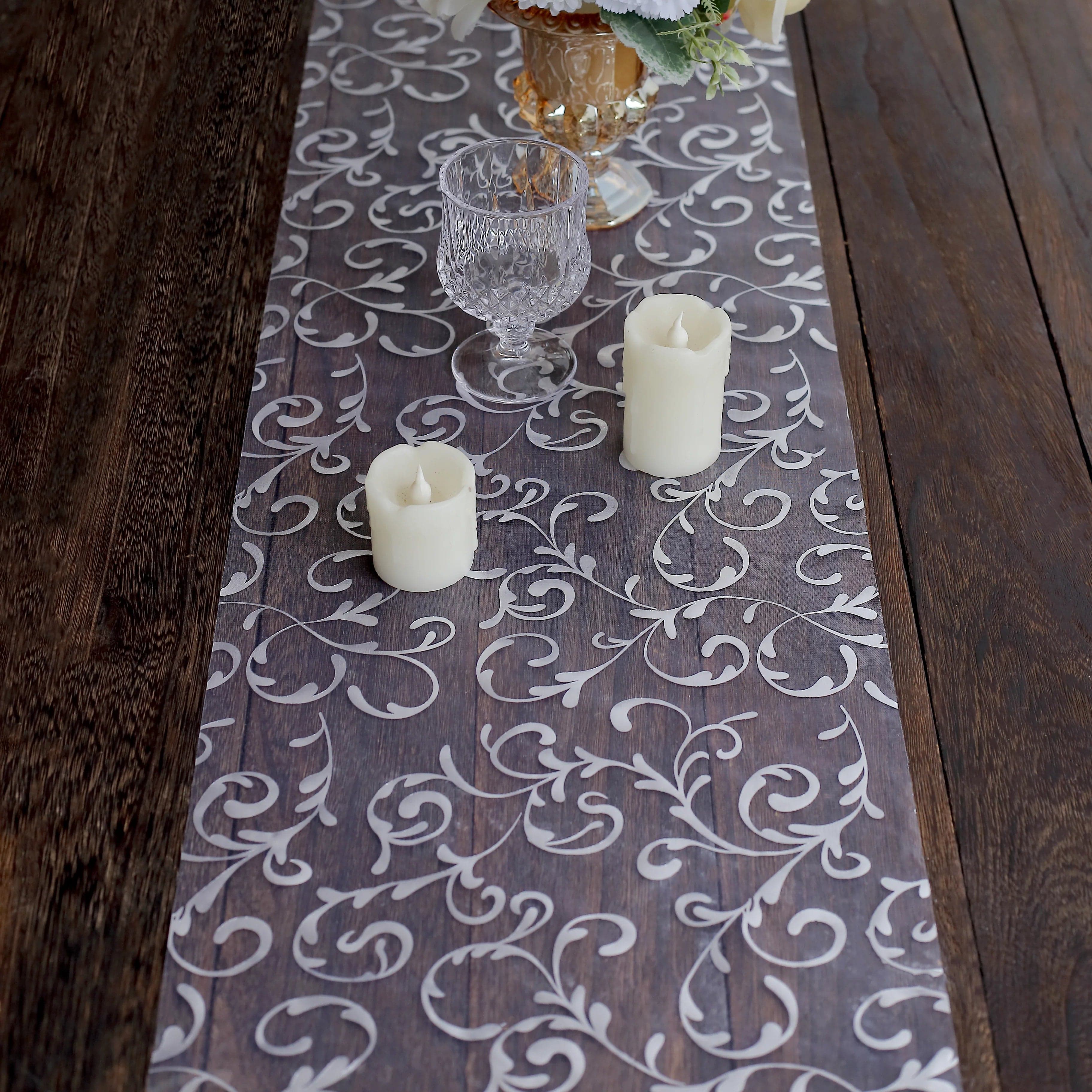 12x108 in Sheer Organza Table Runner with Embossed Metallic Floral Design