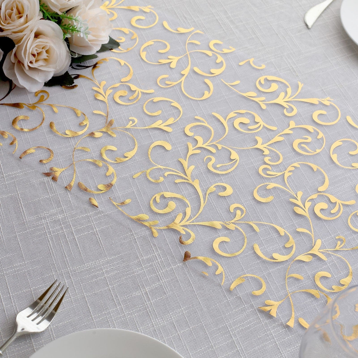 12x108 in Sheer Organza Table Runner Embossed Metallic Floral Design ...