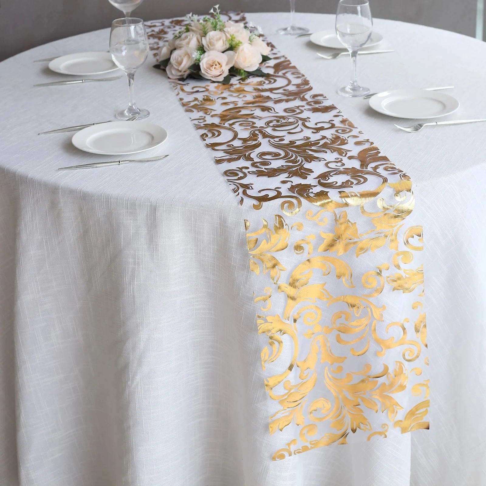 12x108 in Sheer Organza Table Runner with Metallic Swirl Floral Design